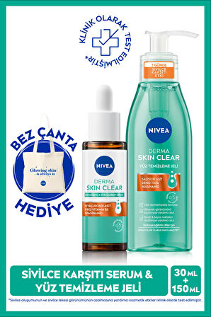 NIVEA Sivilce Karşıtı Derma Skin Clear Cilt Bakım Seti, Yüz Temizleme Jeli 150ml ve Dengeleyici Serum 30ml, Bez Çanta Hediye
