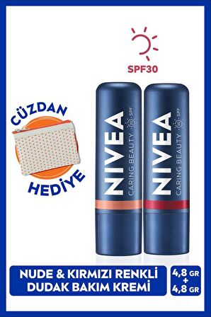 NIVEA Kırmızı Renkli Dudak Bakım Kremi ve Nude Dudak Bakım Kremi 4,8gr, SPF30, Nemlendirici, Cüzdan Hediye