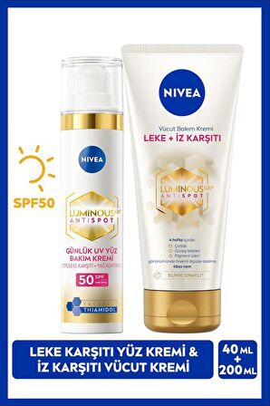 NIVEA Luminous630 Leke Karşıtı Gündüz Yüz Bakım Kremi 40ml, Leke İz Karşıtı Nemlendirici Vücut Bakım Kremi 200 ml