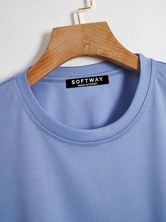 Unisex Oversize Bisiklet Yaka Düz Basic T-Shirt - MAVİ