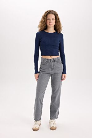 DeFacto Fitted Bisiklet Yaka Fitilli Kaşkorse Basic Düz Uzun Kollu Tişört Y9870AZ24AUNV241