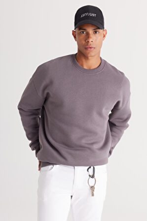 Erkek Koyu Gri Oversize Fit Bol Kesim Pamuklu Içi Polarlı 3 Iplik Bisiklet Yaka Sweatshirt