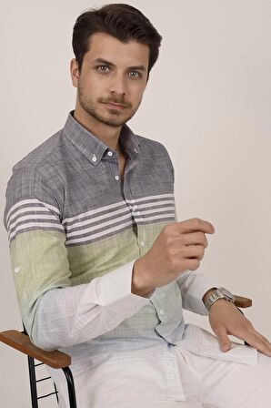 Panolu Gri Yeşil Slimfit Keten Gömlek