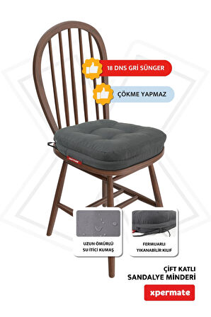 XPERMATE Çift Kat Sandalye Minderi Fermuarlı Yıkanabilir Kılıf Bağcıklı Su ve Yağ İtici 42x42x8 Antrasit