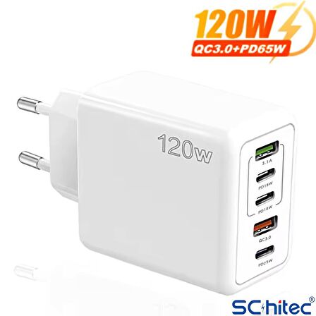 ScHitec 120W 3 Type-C + 2 UsbA Toplam 5 Çıkışlı Ev Tipi Süper Hızlı Şarj Aleti SR104