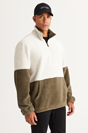 Erkek Bej-haki Standart Fit Bato Yaka Kanguru Cepli Çift Renkli Sherpa Polar Sweatshirt