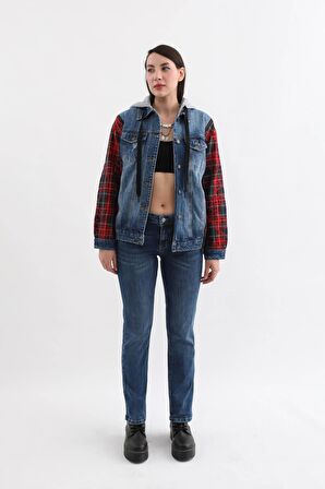 Kadın Fermuar Detaylı Kapüşonlu Jean Ceket