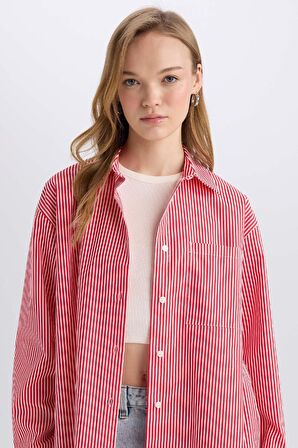 DeFacto Oversize Geniş Kalıp Çizgili Poplin Uzun Kollu Gömlek E2205AX25SPRD79