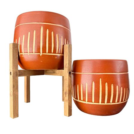 Ev Dekorasyon Aksesuar Dik Çizgi Desenli Toprak Saksı Saksılık Salon Çiçeklik İkili Set Ayaksız - 4 Ayaklı- 19 CM