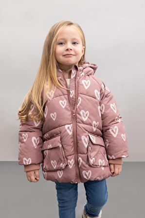 DeFacto Kız Bebek Kapüşonlu Kalp Desenli Su İtici Cep İçi Polarlı Şişme Mont C5313A524AUBN564