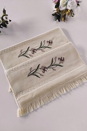 Sevim Etamin Nakışlı Jakarlı Kadife El Yüz Havlusu - 50x90 cm- Kapuçino