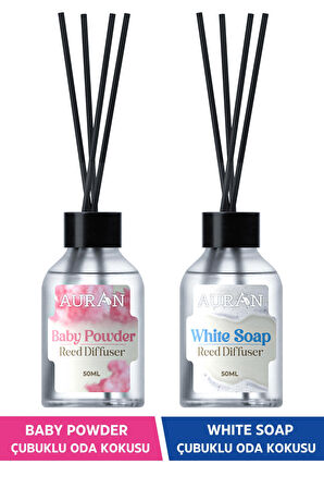 Bebek Pudrası Çubuklu Oda Kokusu Ve Beyaz Sabun Çubuklu Oda Kokusu 2'li Set Reed Dıffuser 50 ml