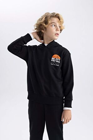 DeFacto Erkek Çocuk Baskılı Kapüşonlu Kalın Sweatshirt B8996A823CWBK81