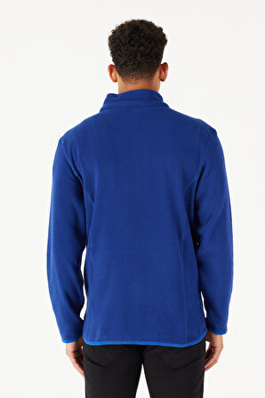 Erkek Saks Mavi Anti-pilling Tüylenme Yapmayan Standart Fit Bato Yaka Sweatshirt Polar Ceket