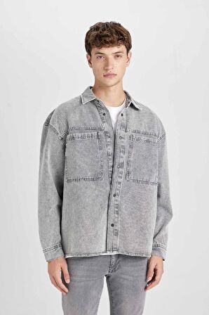 DeFacto Oversize Geniş Kalıp Pamuklu Jean Uzun Kollu Basic Düz Gömlek D0449AX24AUNM18