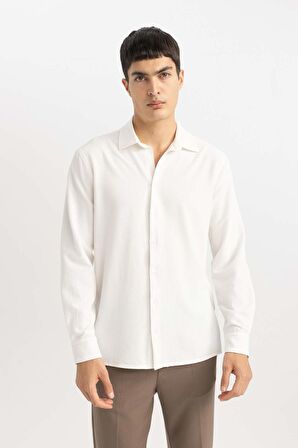 DeFacto Modern Fit Polo Yaka Basic Düz Krinkıl Uzun Kollu Gömlek B7384AX24SPWT34