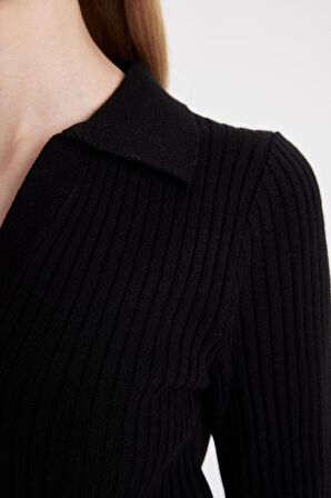 DeFacto Coool Slim Fit Dar Kesim Polo Yaka Crop Triko Kazak X4929AZ24AUBK56