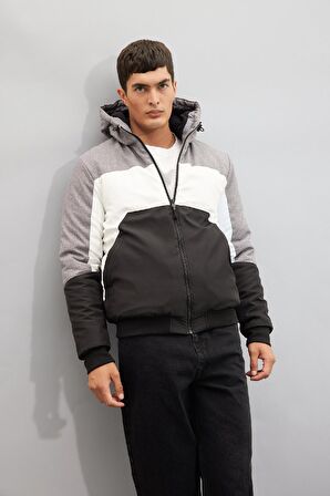 DeFacto Slim Fit Şişme Mont Dar Kesim Renk Bloklu Kapüşonlu Polar Astarlı Fermuarlı N4530AZ24AUGR361