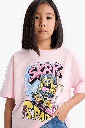 Kız Çocuk SpongeBob Oversize Geniş Kalıp Bisiklet Yaka Kısa Kollu Tişört