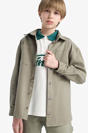 Erkek Çocuk Oversize Geniş Kalıp Polo Yaka Twill Uzun Kollu Gömlek