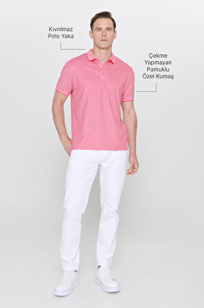 Erkek Çekmeyen Pamuklu Kumaş Slim Fit Dar Kesim Fuşya-Beyaz Kıvrılmaz Polo Yaka Tişört