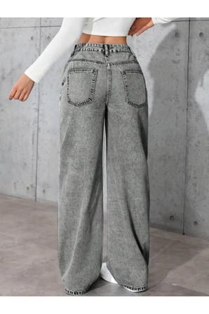 Kayla Gri Süper Yüksek Bel Wide Leg Jeans Likralı Salaş Paça Denim Kot Pantolon