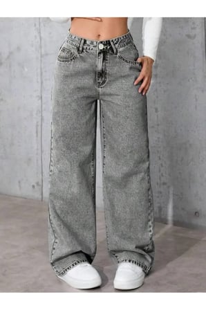 Kayla Gri Süper Yüksek Bel Wide Leg Jeans Likralı Salaş Paça Denim Kot Pantolon