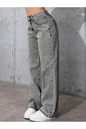 Kayla Gri Süper Yüksek Bel Wide Leg Jeans Likralı Salaş Paça Denim Kot Pantolon