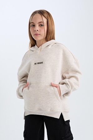 DeFacto Kız Çocuk Oversize Geniş Kalıp Kapüşonlu Baskılı İçi Yumuşak Tüylü Kalın Sweatshirt D6185A824WNBG588