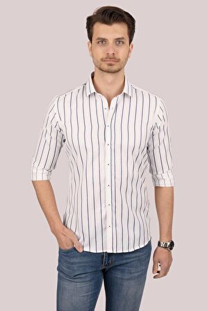 Beyaz Lacivert Çizgili Slimfit   Gömlek