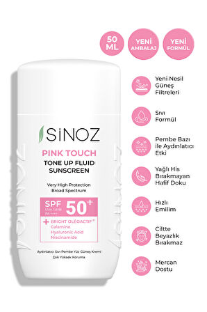 Sinoz Spf50 Pink Touch Aydınlatıcı Sıvı Yüz Güneş Kremi Yeni Nesil Güneş Filtreleri Hibrit Formül 50ml