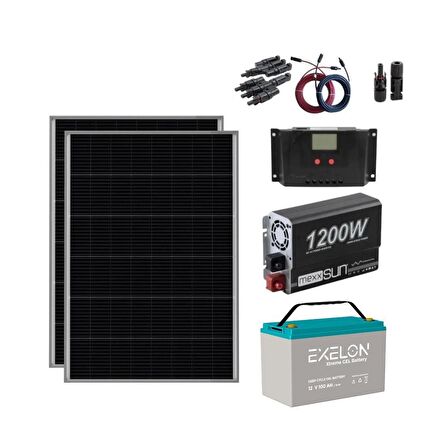 1200W Güneş Enerjisi Solar Paket 2x250W Panel 100Ah Jel Akü 1200W İnverter TV ve Aydınlatma Uyumlu