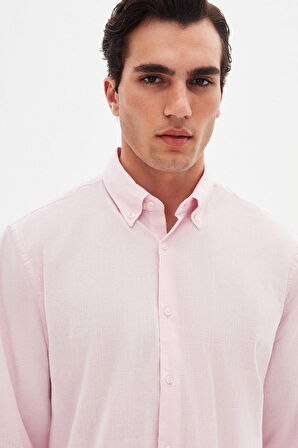 Ds Damat Comfort Pembe Düğmeli Yaka Rahat Kesim Keten Görünümlü %100 Pamuk Gömlek 2HC02ORT64265