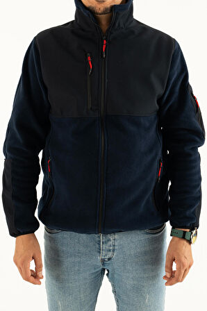 Souris Erkek Lacivert Dar Kalıp Tüylenme Yapmayan Tam Fermuar Softshell Garnili Polar Sweatshirt