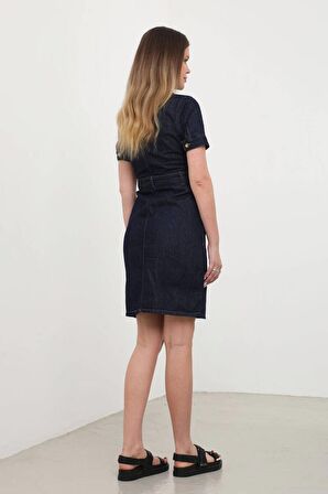 Kadın Kemerli Koyu Lacivert Jean Elbise