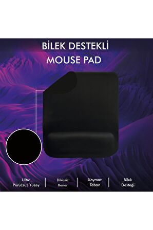 MP02 - Siyah Dörtgen Bilek Destekli Mouse Pad | Konfor, Kaymaz Taban, Ergonomik, Yumuşak, Ev,ofis