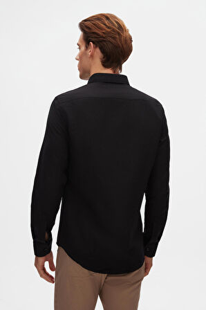 Slim Fit Siyah Oxford Düğmeli Yaka Kolay Ütülenebilir Nakış Detaylı Pamuklu Gömlek 4HC02ORT03265