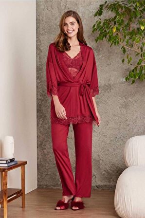 Pierre Cardin Dantelli Sabahlıklı Penye Pijama Takımı Bordo