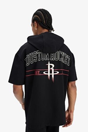 DeFactoFit NBA Houston Rockets Oversize Geniş Kalıp Kapüşonlu Sırt Baskılı Kısa Kollu Tişört D9898AX25SPBK81