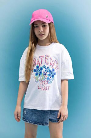 DeFacto Kız Çocuk Oversize Fit Bisiklet Yaka 3D Baskılı Kısa Kollu Tişört C5462A824SMWT34