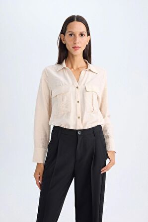 DeFacto Oversize Geniş Kalıp Basic Düz Çift Cepli Uzun Kollu Viskon Gömlek D4739AX24AUBG26