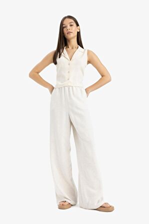DeFacto Keten Karışımlı Palazzo Pantolon Wide Leg Geniş Bol Paça Üç Cepli Normal Bel Basic Düz Standart Boy C4545AX25SPBG155