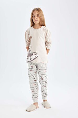 DeFacto Kız Çocuk Pijama Takımı Bisiklet Yaka Baskılı Uzun Kollu Üst Uzun Alt D6056A824AUBG107