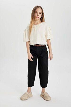 DeFacto Kız Çocuk Barrel Fit Geniş Paça Pamuklu Kemerli Pantolon C0450A824SMBK27