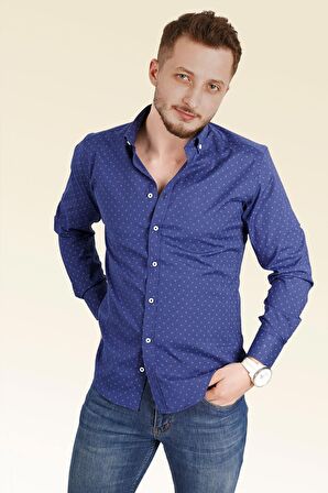Erkek Lacivert Nokta Baskılı Slimfit Gömlek