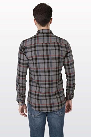 Füme Kırmızı Çizgili Slimfit Oduncu Gömlek