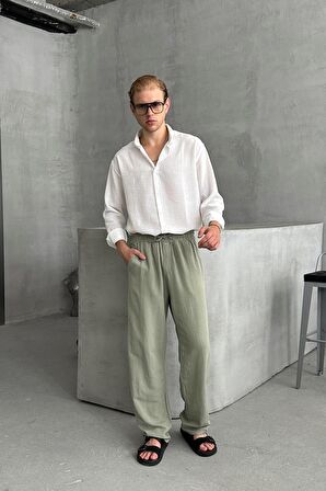 HYMAN Erkek Beli Lastikli Baggy Kalıp Keten Pantolon