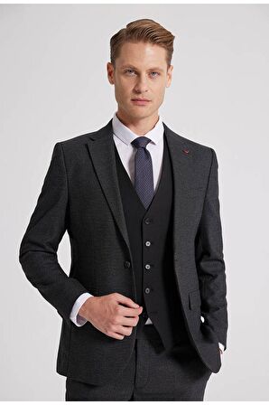 Slim Fit Antrasit Armürlü Mono Yaka Tek Yırtmaçlı Astarlı Takim Elbise Kombinli 8HFY5ORTKMBN1