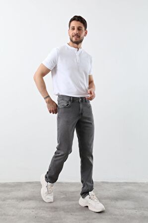 Erkek Likralı Straight Fit Jean Pantolon Gri