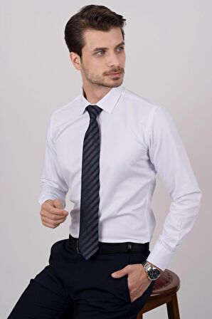 Gömlek Kravat Seti ( sunda Lacivert Çizgi Desenli Kravat & Beyaz Saten Slimfit Gömlek)